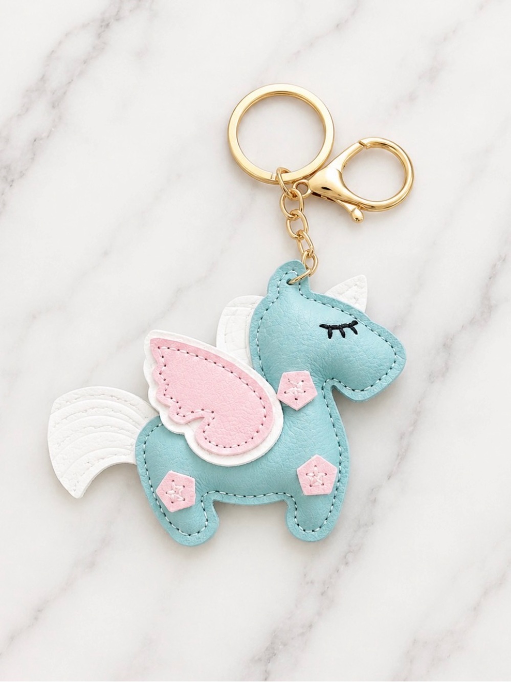 Bag Charm/Keyring-Blue Unicorn PU Leather Charm with Pink Accents-Gold Hardware